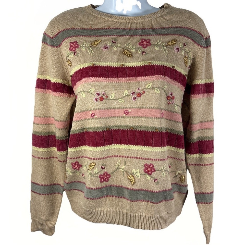 VTG 90s Alfred Dunner‎ Sweater PM Floral Embroidery Wood Glass Beads